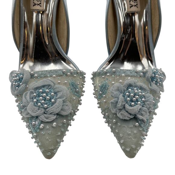Badgley Mischka Satin Flower Mesh Beaded Embellished d'Orsay Pumps Light Blue 6 - Picture 3 of 9